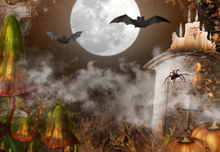 Graveyard Fantasy - spider web, autumn, sky, scary, creepy, tombstone, candles, haunted, pumpkins, halloween, fall, full moon, graves, cemetery, goth gothic, bats, spider, night, haunting