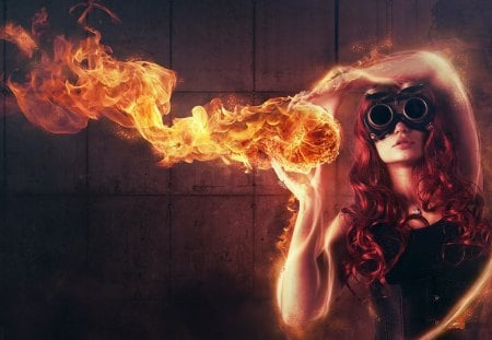 fantasy art - googles, redhead, lady, pouting, fire