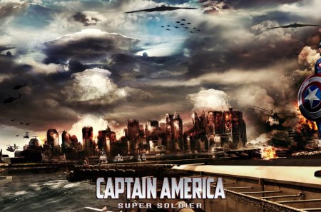 captain america - statue, water, bombs, smoke, buildings, planes