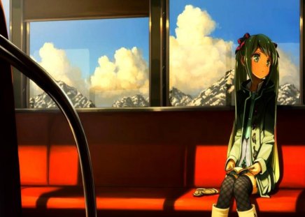 Miku In The Train - vocaloid, girl, sunshine, green hair, long hair, train, miku, cute, hatsune, mountains, sky