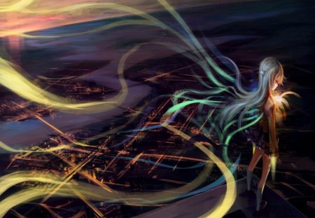 Tachibana Kanade - anime, town, magic, beautiful, girl, sunrise, night, sweet, colorful, river, tachibana kanade, cute