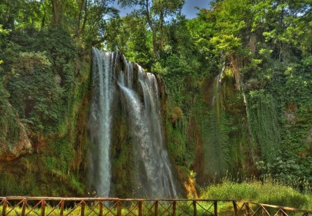 *Waterfall Monasterio de Piedra  -Spain * - wodospad, natura, drzewa, ogrodzenie