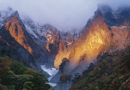 beautiful mountain gorge in japan - clouds, snow, forest, mountains, gorge