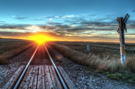 amazing sunrise on the track hdr - plains, clouds, sunrise, train tracks