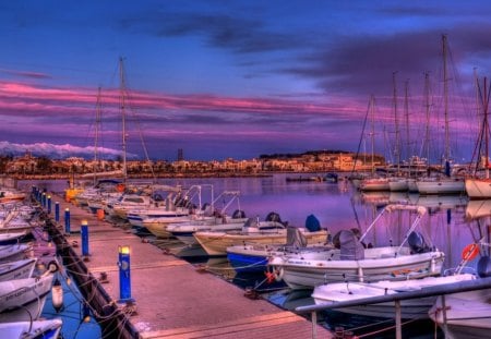 beautiful greek marina - purple, mountains, town, docks, boats, marina