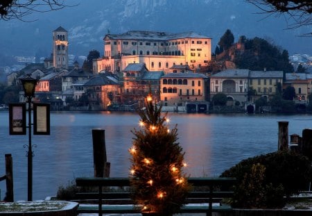 christmas on lake orta piemonte italy - lake, mountains, town, lights, christmas