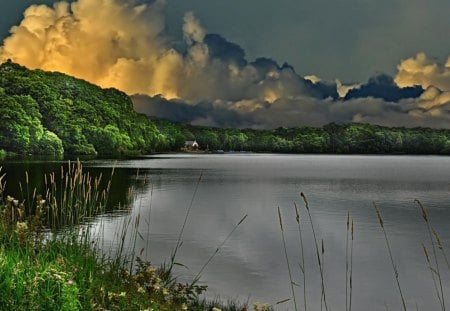 coming soon hdr - storm, clouds, boats, reeds, lake