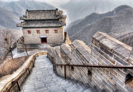 the great wall in hdr - steps, mountains, great wall, hdr