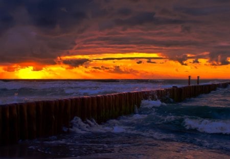 wooden sea breaker at sunset - clouds, sunset, pylons, waves, sea, breaker