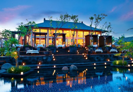 the most beautiful restaurant - restaurant, steps, pool, outdoor, lights