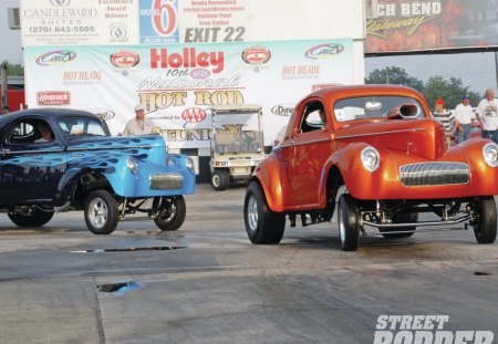 Willys Gassers - fords, orange, gassers, blue flame