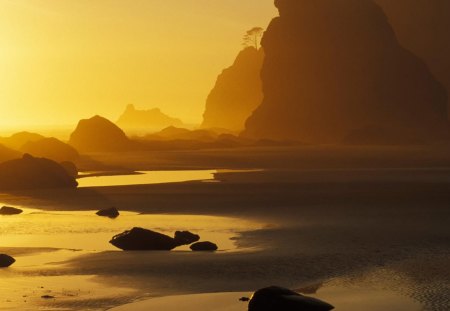 shi shi beach reflections in washington - cliffs, haze, beach, rocks