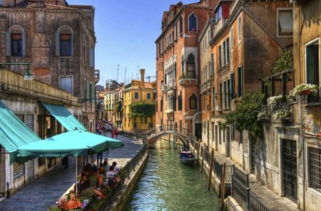 lovely channel in venice - channel, boat, city, bridge, restaurant