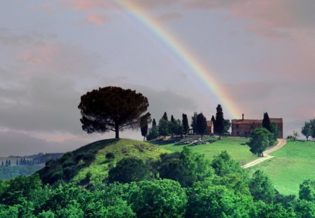 rainbow over a tuscan farm - hill, trees, rainbow, fields, farm