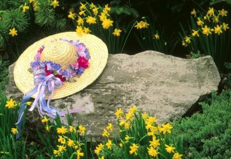 Outing - stone, hat, daffodils, summer, hats, outdoors, florals, rocks, nature, leaves, green, flowers