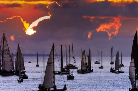 Sailing   - clouds, boats, river, sailing, sunset, water, nature, sky