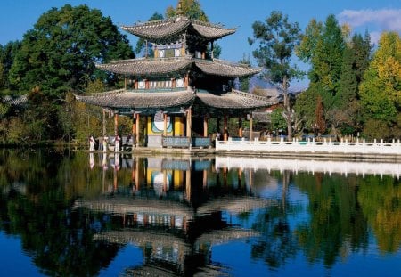 Chinese palace reflection in lake - lake, chinese, reflection, palace