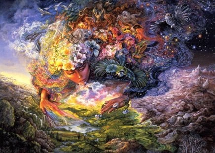 Breath of Gaia - woman, josephine, trees, female, earth spirit, breath, wings, mountains, waterfall, fantasy, creative pre-made, spirit, angels, paintings, land, birds, blow, lake, hills, peace, lovely, heaven, tranquility, love four seasons, weird things people wear, wall, beautiful, josephine wall, butterfly designs, colors, flowers, gods