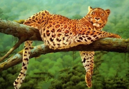 Jaguar On Branch - jungle, jaguar, branch, art