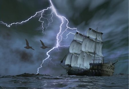 Stormy Night - dark clouds, art, sailing ship, birds flying, lightning, sea