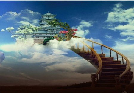 Winding Staircase - sky, building, clouds, artwork, mansion, flowers, winding staircase