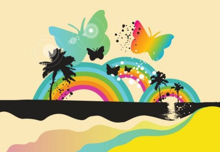 Rainbows and Butterflies - rainbow, butterfly, beach, palms, abstract