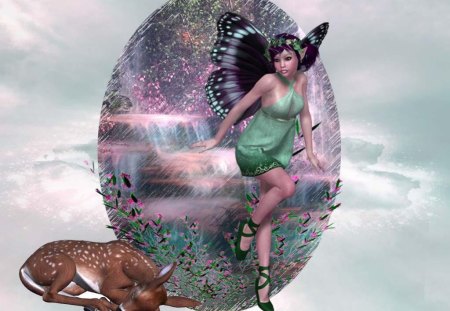 Butterfly fairy - fawn, fairy, flowers, fantasy