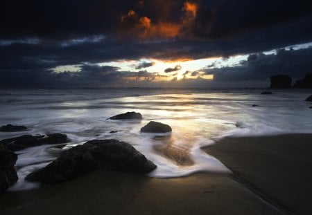 A Touch of Red  - sunset, beach, morning red, sandy beach, sunraise