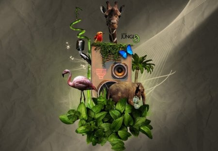 Jungle Music - flowers, bird, music, fantasy, animals