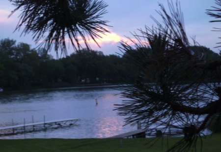 Beautiful Inland lake - lake, clouds, up north, trees, sunset