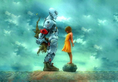 A Robot Offering a Flower - nice, girl, robot, flower