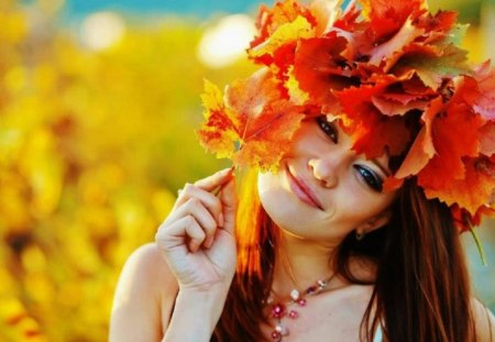 Beautiful Face of Autumn - face, autumn, people, female, beautiful, leaves, model