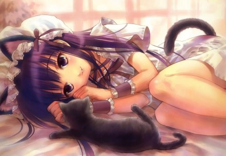 Playing w/her Kitten - anime, cute, girl, kitty