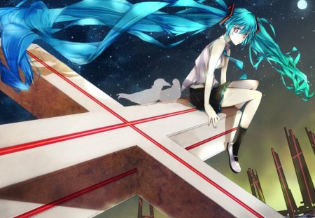 Hatsune Mkiu - moon, beauty, hatsune miku, girl, hair, light, night, bue, cross, white, halloween, red, anime, green, manga