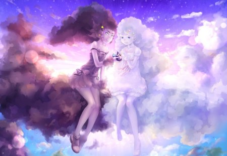 Lilith and Luna - moon, anime, blue, girl, lilith, light, manga, fantasy, purple, two, cloud, halloween, couple, sky, luna