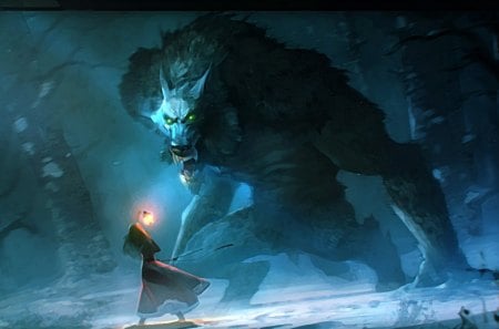 Beauty and the Beast - woman, girl, winter, night, fantasy, werewolf, halloween, giant, game, woods, blue, dog