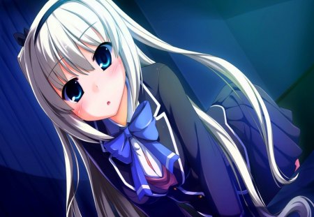 Hajikano Shizuku - moonlight, blush, cute, sweet, blonde, anime, girl, night, sinclient, school uniform, hajikano shizuku, long hair, big breasts, blue eyes