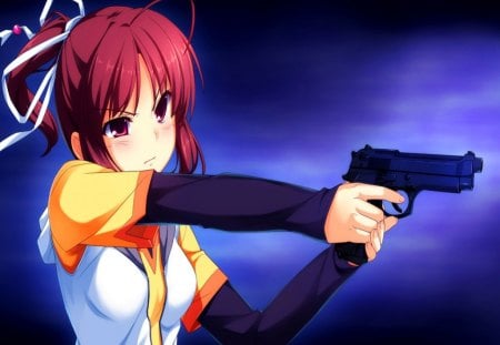 Hands In The Air!!!!! - anime, gun, sinclient, girl, sweet, red eyes, short hair, red hair, black, big breasts, purple, hands in the air, cute, yanasa mai