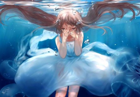 Crying Under Water - tears, anime, water, blue, dress, girl, blonde, crying, long hair, sweet, jellyfish, white, waves, cute