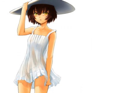 Momo In A Dress - yellow eyes, hat, girl, momo, brown hair, white, anime, short hair, breasts, cute, dress