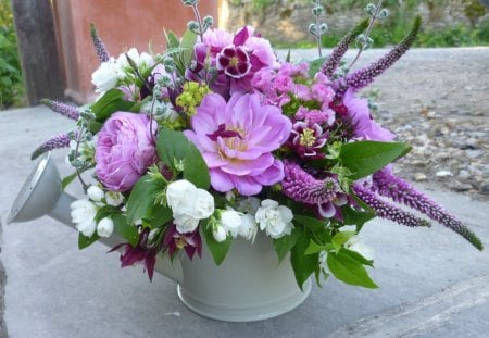 Sweet Springâ™¥ - water can, metal, purple, love, centerpiece, forever, white, lavender, floral, arrangement, entertainment, fashion