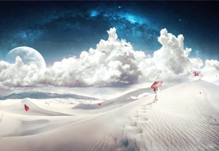 Dream World - marvellous, great, white, amazing, umbrella, desert, adorable, landscape, wallpaper, dream, stunning, space, beautiful, pink, fantastic, dream world, woman, nice, sky, super, wonderful, fantasy, path, pretty, cloud, clouds, tree, planet, moon, skyphoenixx1, girl, outstanding, world, picture, abstract, geisha, blue, awesome