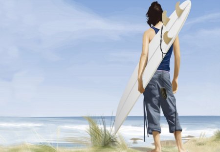 surfer - anime, blue, painting, surfing, sea, sky