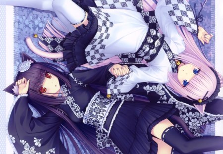 Chocola & Vanilla - girls, vanilla, hat, lolita fashion, cat girl, bench, shine, black hair, white, pretty, anime, kimono, cute, manga, girl, chocola, kitty, blue eyes, dar, blue, rest, sayori, video games, jpn, dress, lolita, white hair