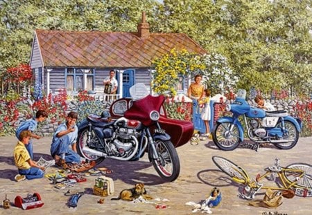 HOLIDAY HOLDUPS - houses, people, homes, bikes, kids, motorcycles