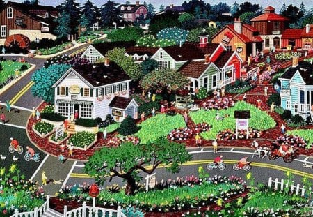 A. Chen. The Village of Long Grove - painting, village, art, a chen