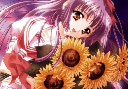 Anime girl with sunflowers - flower, young, anime, girl, drawing, sunflower