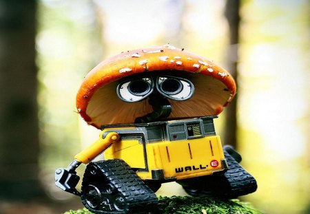 wall e - mushroom, cute, wall e, forest, toy