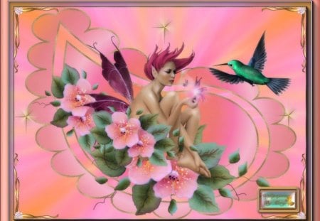 Hiding In Flowers - pink, fairies, hummingbirds, flowers, fantasy