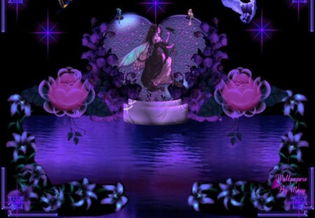 Luminous Purple - fairies, water, purple, flowers